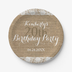 Romantic Lace burlap 20th Birthday Paper Plates