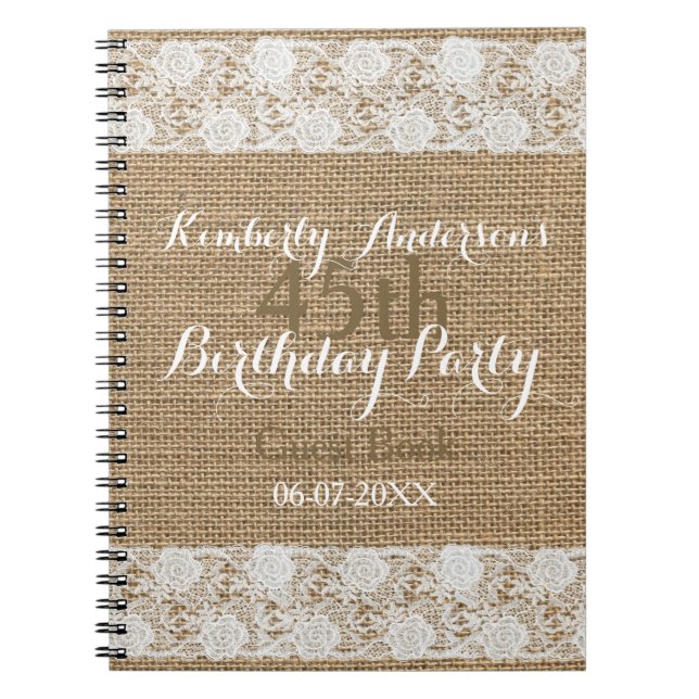 Romantic Lace burlap 45th Birthday Guest Book (Front)