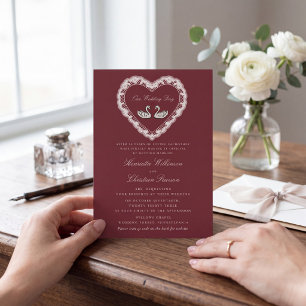 Romantic Lace Heart Swan Burgundy Wedding Website Invitation