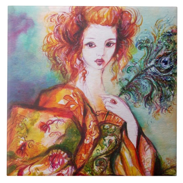 ROMANTIC LADY WITH PEACOCK FEATHER CERAMIC TILE (Front)