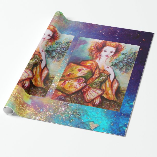 ROMANTIC LADY WITH PEACOCK FEATHER WRAPPING PAPER (Unrolled)