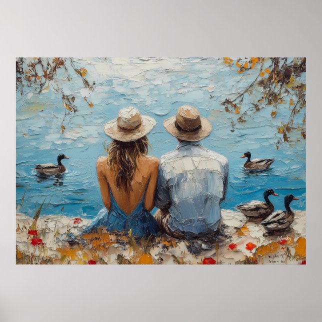 Romantic Lakeside Scene with Ducks and Couple Poster (Front)