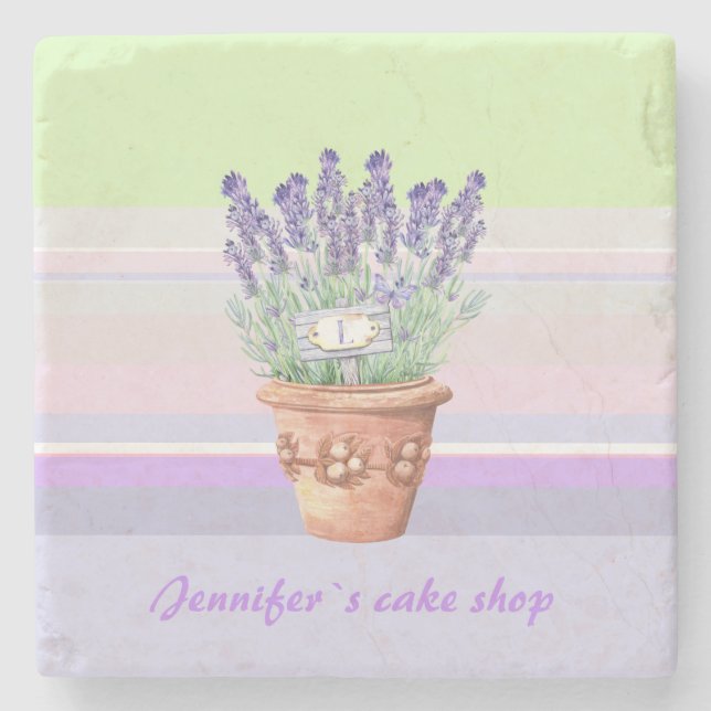 Romantic lavender and name on striped pastel bg stone coaster (Front)