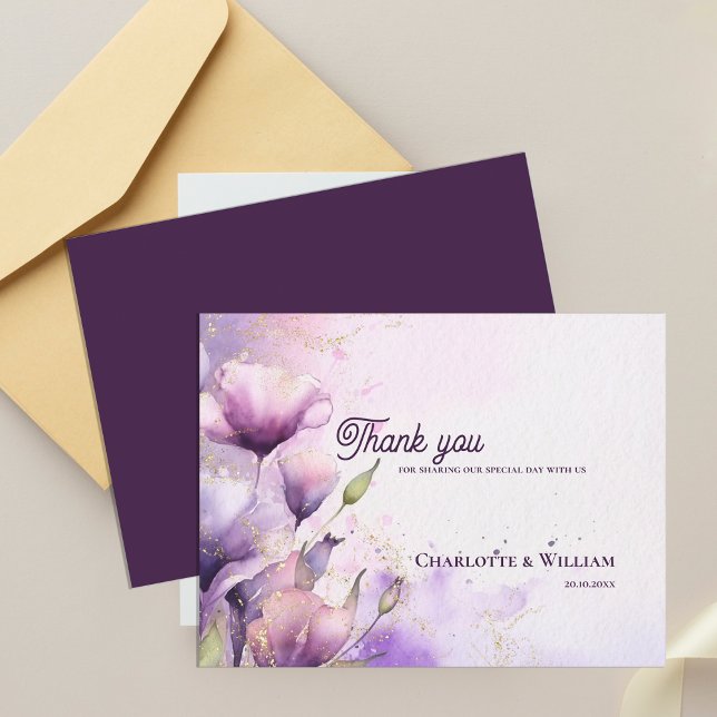 Romantic Lavender Floral Gold Wedding Thank You Postcard (Romantic Lavender Floral Gold Wedding Thank You Postcard)