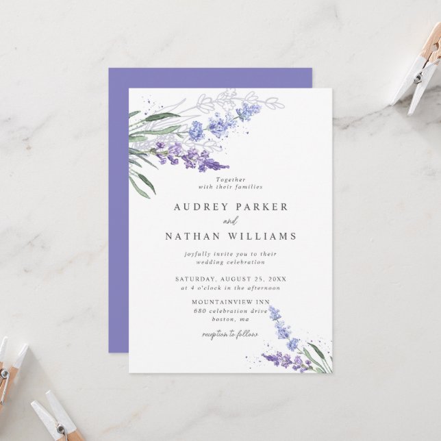 Romantic Lavender Floral w/ Details Wedding Invitation (Front/Back In Situ)