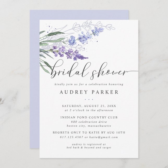 Romantic Lavender Floral Watercolor Bridal Shower Invitation (Front/Back)