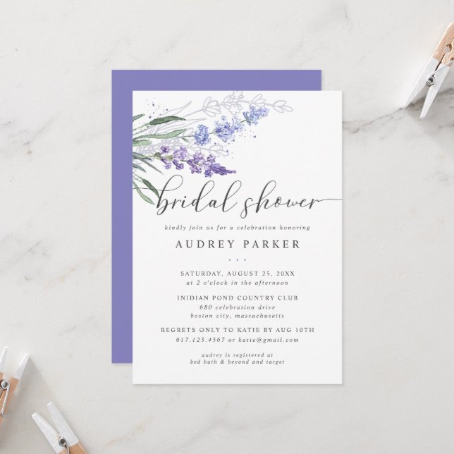 Romantic Lavender Floral Watercolor Bridal Shower Invitation (Front/Back In Situ)