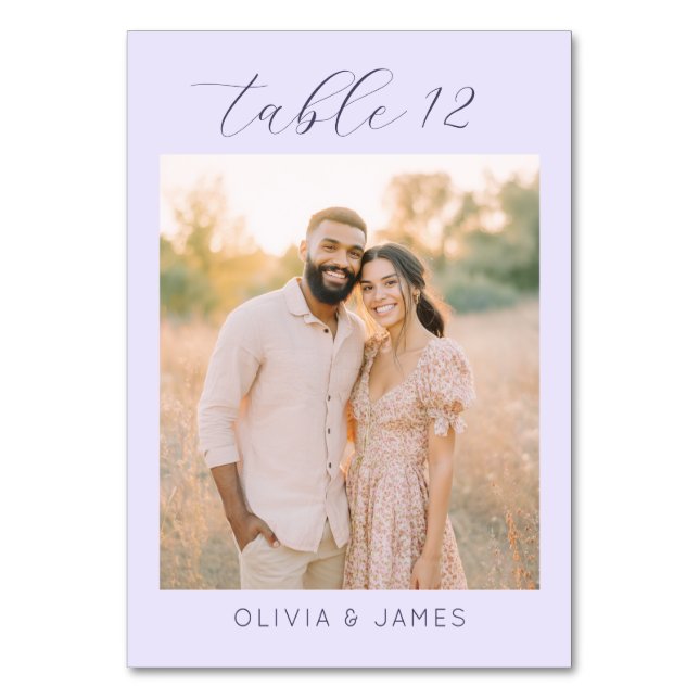 Romantic Lavender Minimalist Photo Table Number (Front)