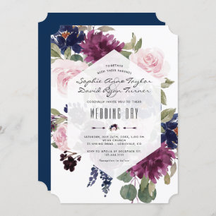 Romantic Lavender Navy Blue Floral Bloom Wedding Invitation