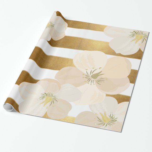 Romantic Le Fleur Pale Pink Gold Stripes Elegant Wrapping Paper (Unrolled)