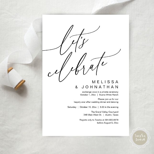 Romantic Let's Celebrate Wedding Elopement Party Invitation (Let's Celebrate, Romantic Charm Wedding Elopement Dinner Party Brunch Invites Card PDF White Black)