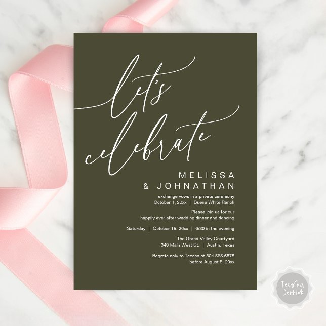 Romantic Let's Celebrate Wedding Elopement Party Invitation (Let's Celebrate, Romantic Charm Wedding Elopement Dinner Party Brunch Invites Card PDF Olive Green)