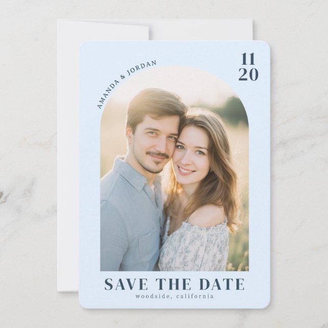 Romantic Light Blue Minimalist Photo Save The Date (Front)