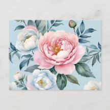 Romantic Light Blue Pink Peony Floral 