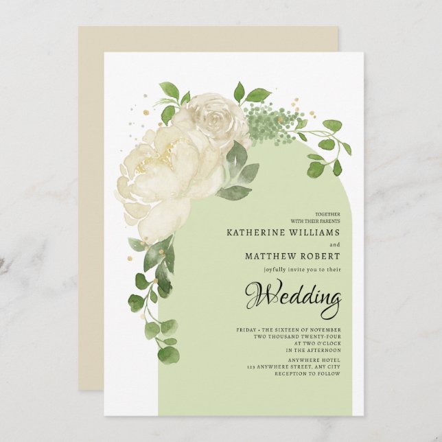 Romantic Light Green Cream Roses Boho Floral Arch Invitation (Front/Back)