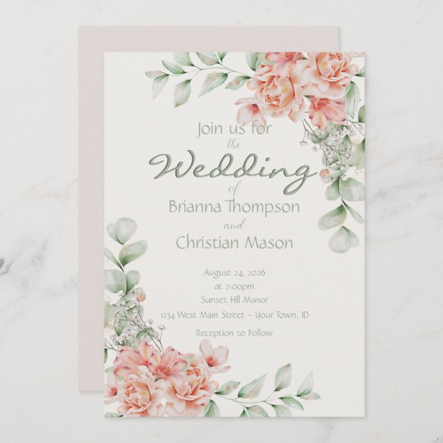 Romantic Light Peach Cream and Sage Green Floral   Invitation (Front/Back)