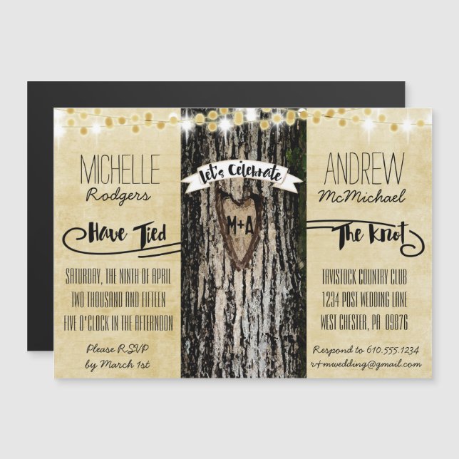 Romantic Lights & Rustic Tree Post Wedding Invite (Front/Back)