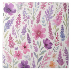 Romantic lila pink Pastel Botanical Spring Meadow Ceramic Tile