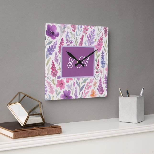 Romantic lila pink Pastel Botanical Spring Meadow Square Wall Clock (Office)