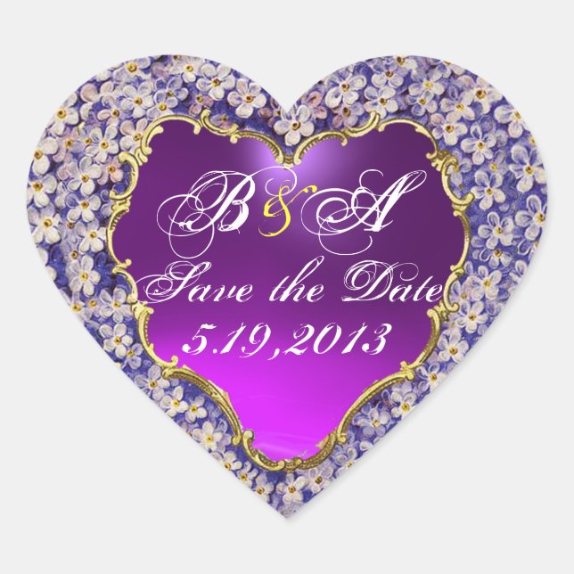 ROMANTIC LILAC HEART MONOGRAM Save the Date Heart Sticker (Front)