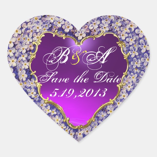 ROMANTIC LILAC HEART MONOGRAM Save the Date Sticker (Front)