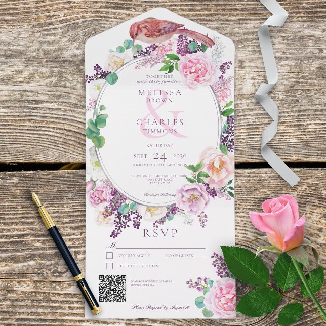 Romantic Lilac & Pink Floral Oval Frame QR Code All In One Invitation (Creator Uploaded)