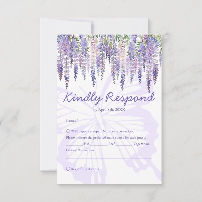 Romantic Lilac Wisteria Garden Wedding RSVP Card (Front)