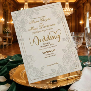 Romantic Line Art Rose Faux Gold Foil Wedding Invitation
