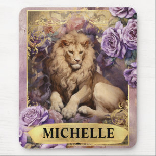 Romantic Lion and Purple Roses Fantasy Mouse Pad