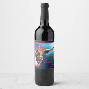 Romantic Longhorn Cow Valentine Wine Label