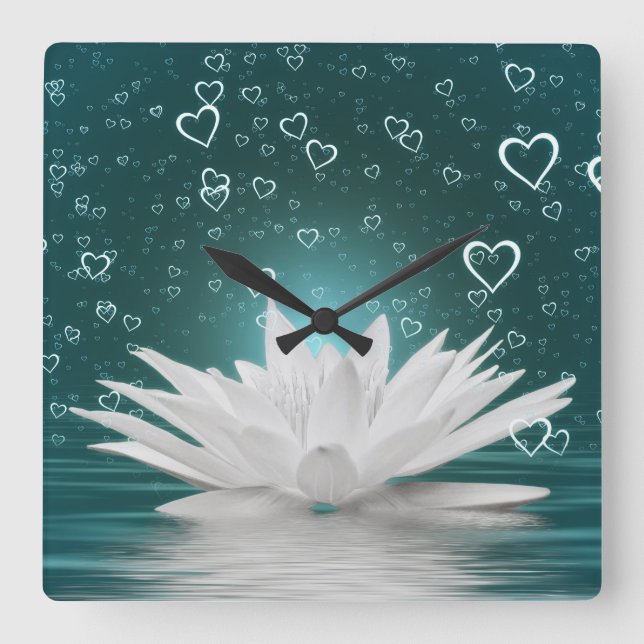 Romantic Lotus Flower Hearts Zen Yoga Water Lily Square Wall Clock (Front)