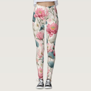 Romantic Lotus in Pink, Cream, and Soft Green Leggings