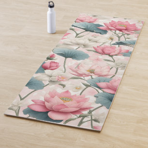 Romantic Lotus in Pink, Cream, and Soft Green Yoga Mat
