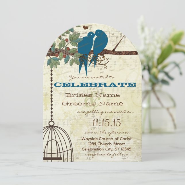 Romantic Love Bird Sitting In Tree Wedding Invite (Standing Front)