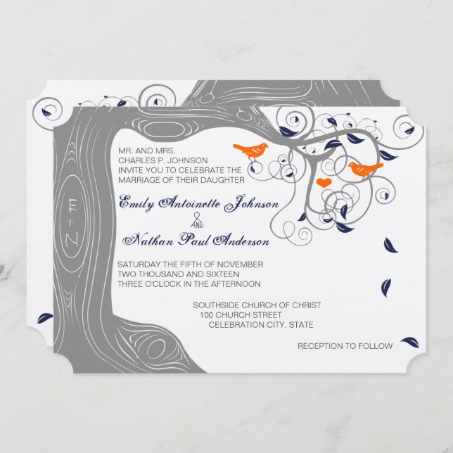 Romantic Love Bird Tree Orange Navy Wedding Invitation (Front/Back)