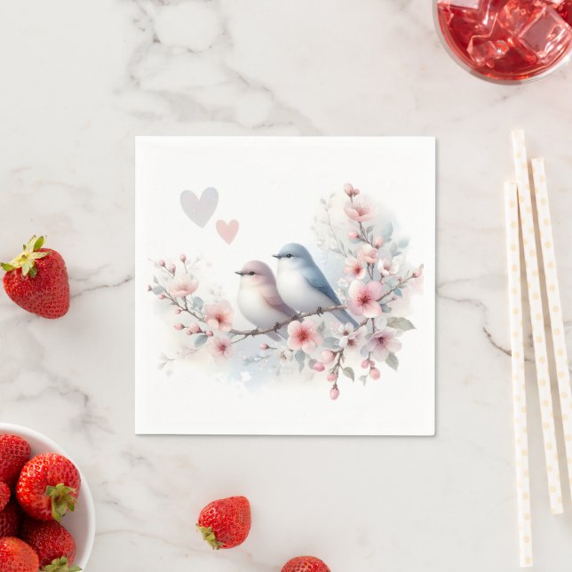 Romantic Love Birds Cherry Blossom Branch Napkin (Insitu)