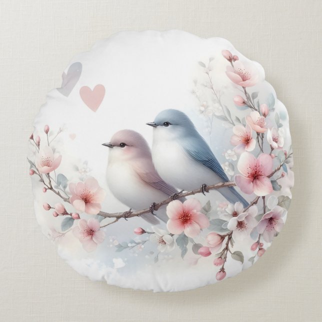 Romantic Love Birds Cherry Blossom Branch Round Cushion (Front)