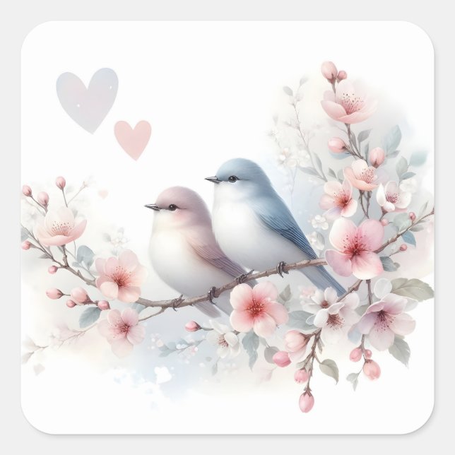 Romantic Love Birds Cherry Blossom Branch Square Sticker (Front)