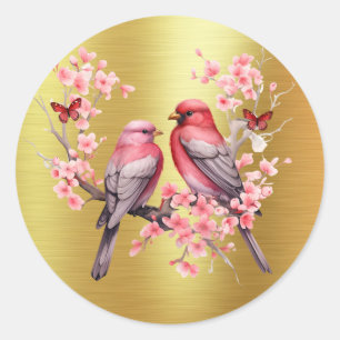 Romantic Love Birds - Pink Cherry Trees  Classic Round Sticker