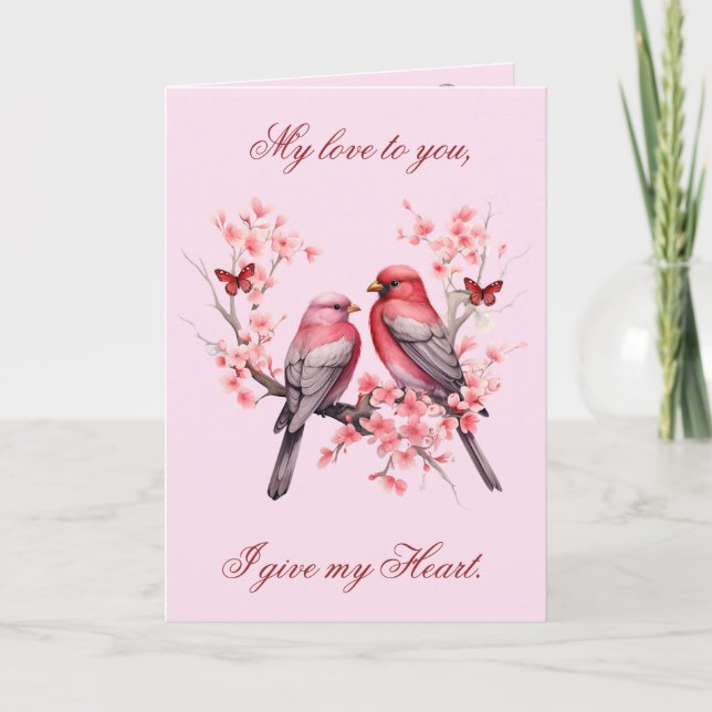 Romantic Love Birds - Pink Cherry Trees Valentine  Holiday Card (Front)