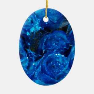 Romantic Love Blue Glitter Glamour Roses Ceramic Ornament