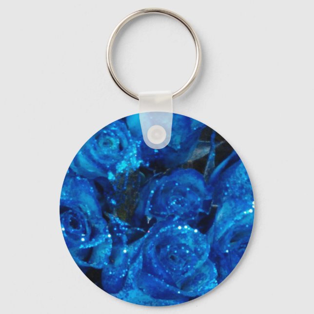 Romantic Love Blue Glitter Glamour Roses Key Ring (Front)