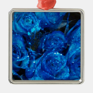 Romantic Love Blue Glitter Glamour Roses Metal Ornament