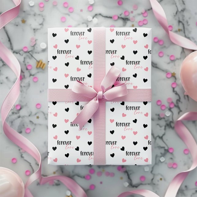 Romantic Love Forever Pink & Black Hearts Wrapping Paper (Creator Uploaded)