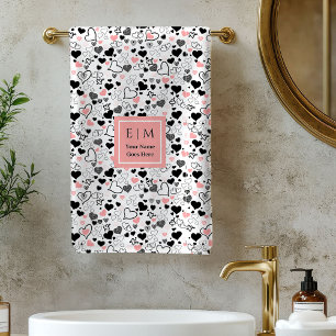 Romantic Love Gift Bath Towel Pink Black Hearts