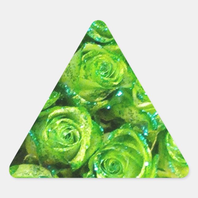 Romantic Love Green Valentine Glitter Roses Triangle Sticker (Front)