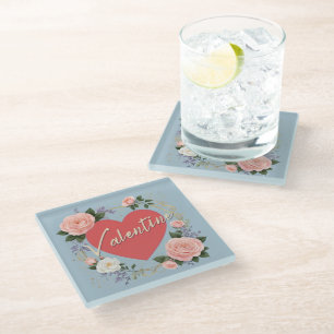 Romantic Love Heart Pink Roses Valentine's Day Glass Coaster
