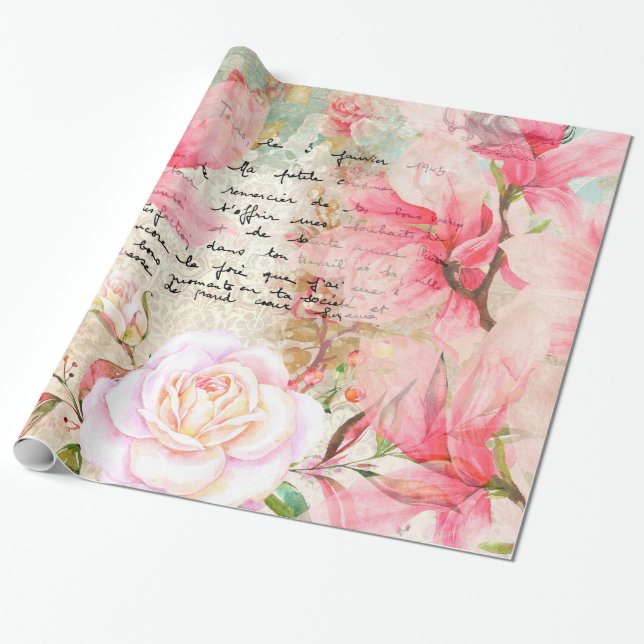 Romantic Love Letters & Flowers Wallpaper Wrapping Paper (Unrolled)