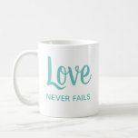 Romantic Love Never Fails Relationship Gift Coffee Mug<br><div class="desc">Mug reads " Love Never Fails " Romantic Love Never Fails Relationship Gift Coffee Mug PERSONALIZED Relationship or Love Gift for Boyfriend or Girlfriend, Love Relationship Quote Mug, Love Mug, Gift From Boyfriend, Gift From Girlfriend, Wedding Gifts, Wedding Party Gifts, Bridesmaid Gifts, Groomsmen Gifts, Parents Gift mug Custom printed coffee...</div>