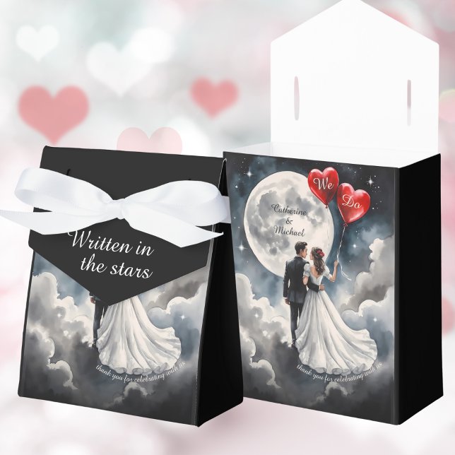 Romantic Love On Cloud Nine Fairytale Wedding Favour Box (Front view love is in the air under watercolor starry night sky – On Cloud Nine Wedding Favor Box)